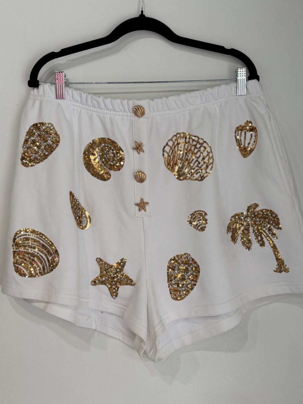 QUEEN OF SPARKLES White High-Waist Shorts with Gold Sequin Shells